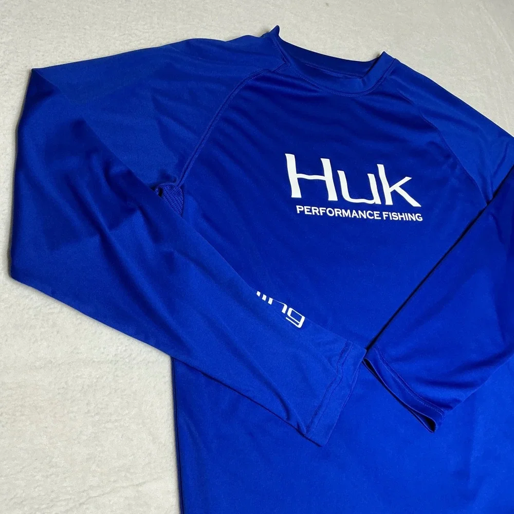 Huk Performance Fishing Long‎ Sleeve Rash Guard Shirt Royal Blue Men's Size M